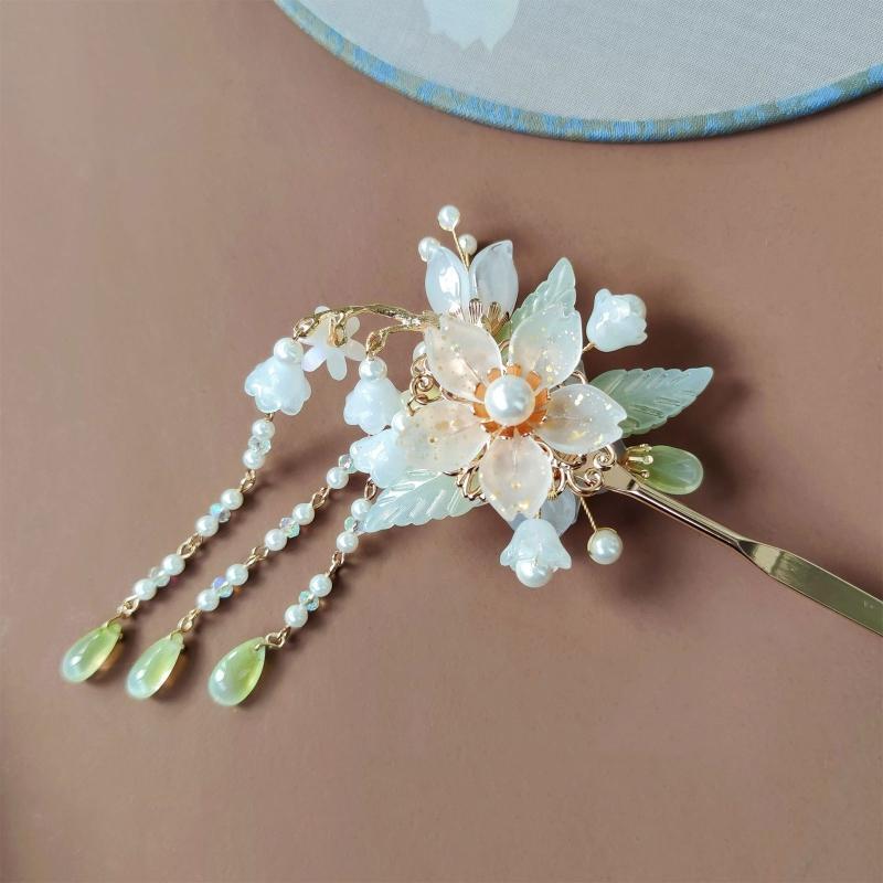 Elegant Chinese Hairpin U Shape Hair Fork Glazed Flower Clip with Tassel Women