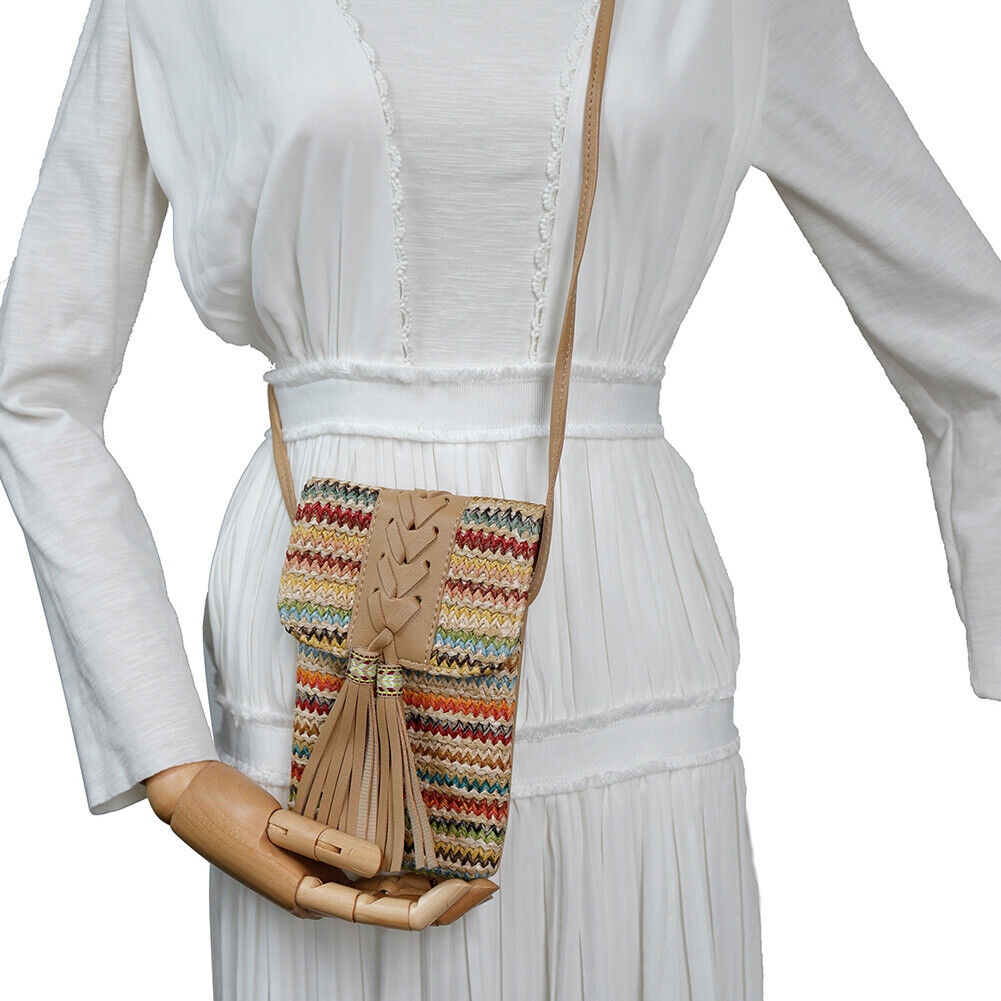 Women Straw Mobile Phone Bag Ethnic Woven Tassel Girl Satchel Crossbody Bag