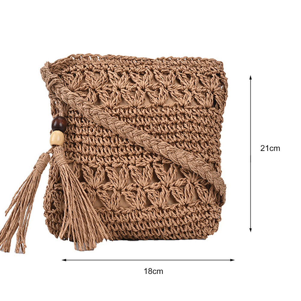 Woven Straw Crossbody Bag Small Women Boho Summer Handbag (Square Khaki)