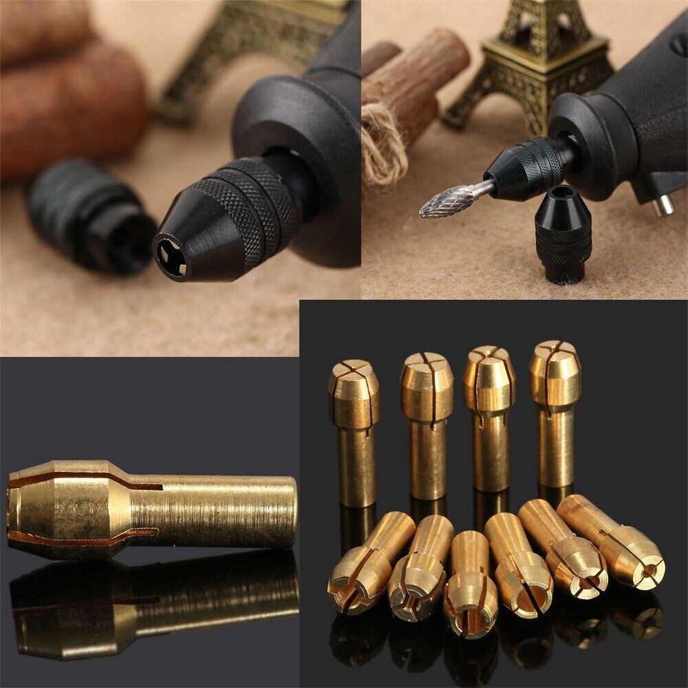 10pcs 0.5-3.2mm Brass Collets 4.8mm Shank & Keyless Drill Chuck Rotary Tool C6B