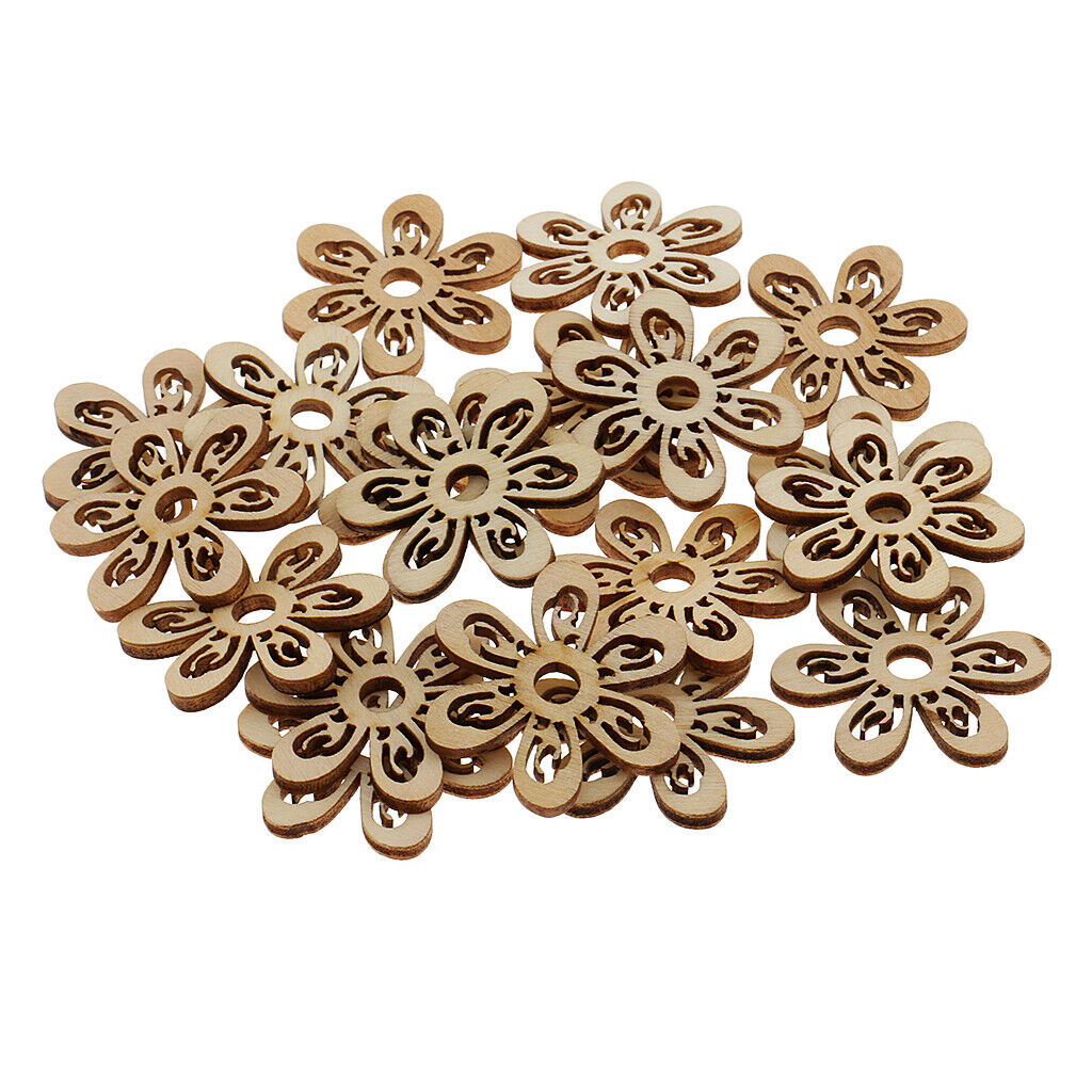 20 Pieces Unfinished Hollow Flower Shape Wooden Pieces Embellishments 35mm