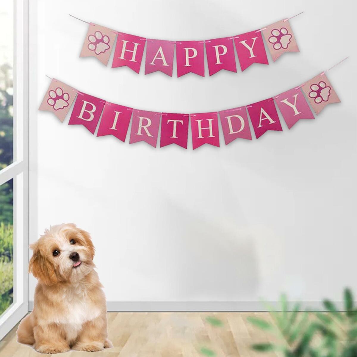 2x Cactus Puppy Happy Birthday Banner Decoration Ornaments For Window