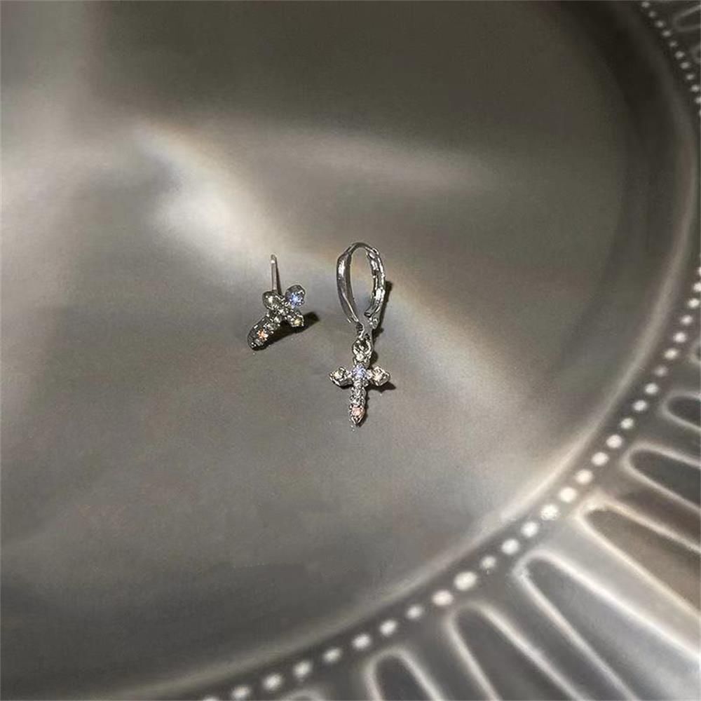 Shinning Sparkle Earrings Asymmetry Stud Cross Earrings Zircon Crystal Earrings