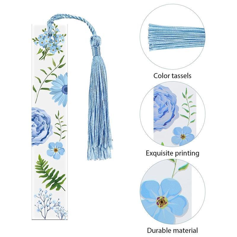 Exquisite Floral Bookmarks Clear Flower Page Marker w/ Colorful Silky Tassel 8x