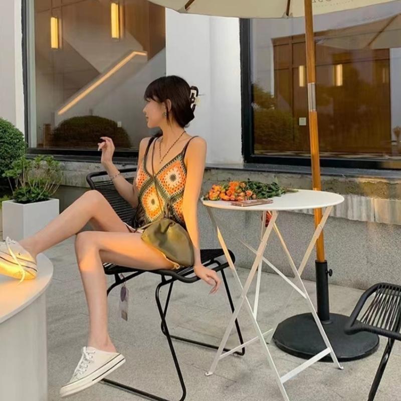Women Sleeveless Camisole Boho Crochet Colorblock Plaid V-Neck Tassel Crop Top