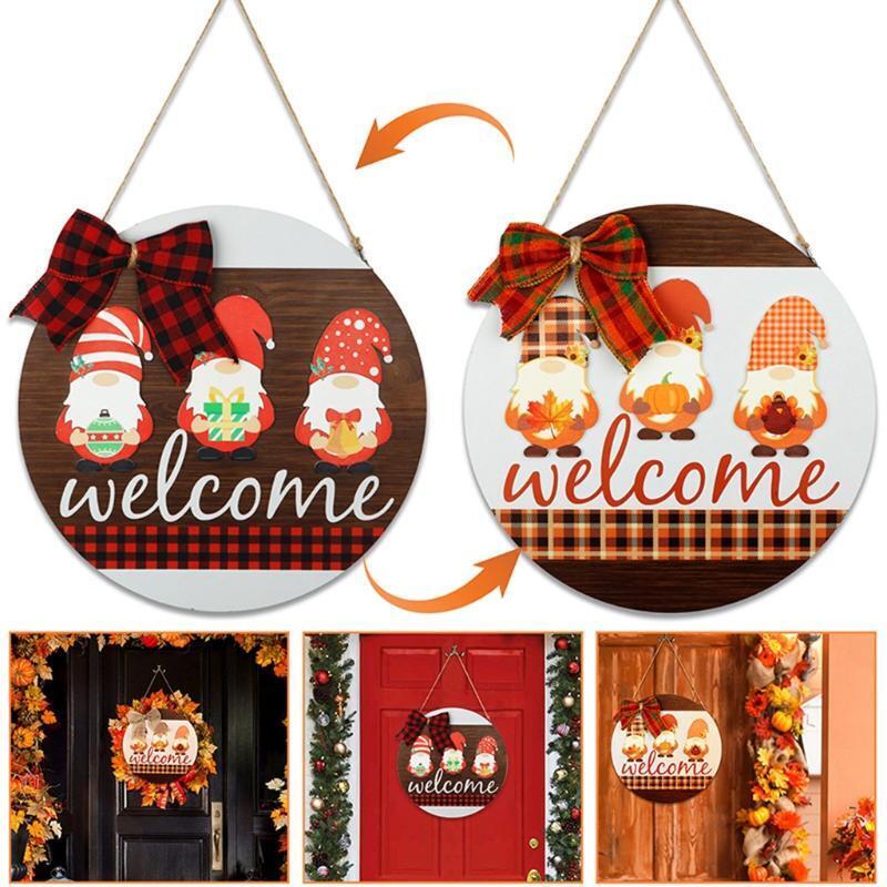 Wood Christmas Sign Front Door Decoration Double Side Holiday Gnome Hanging Sign
