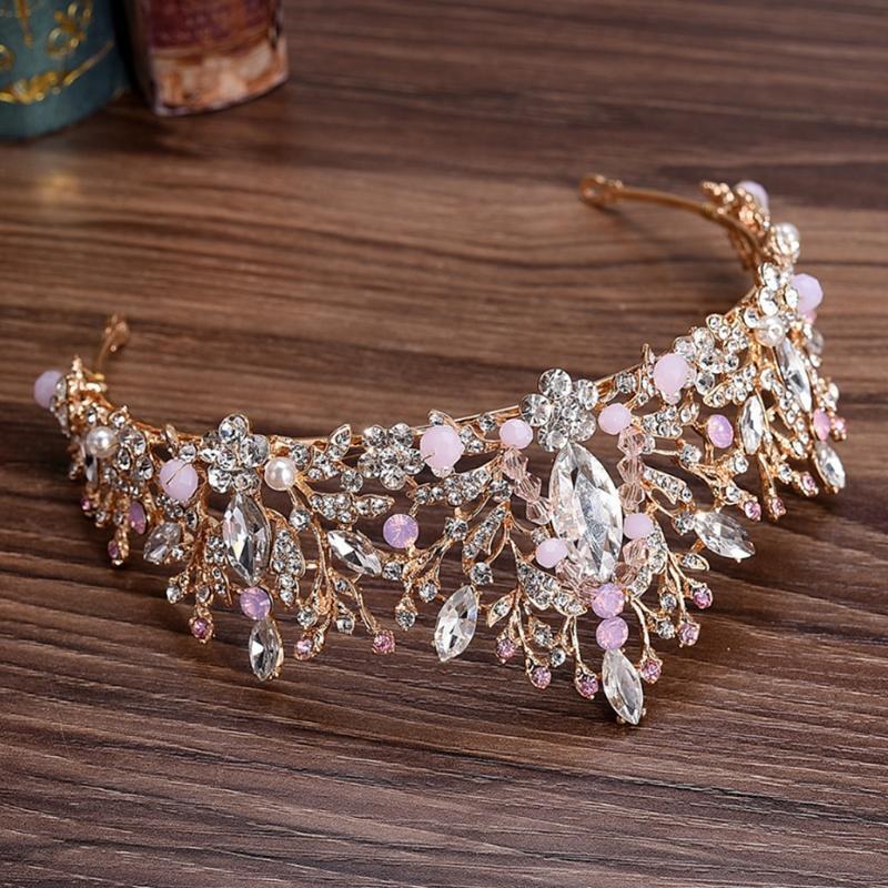Bride Crown Luxury Wedding Tiara Bridal Women Pink Rhinestone Princess Headwear