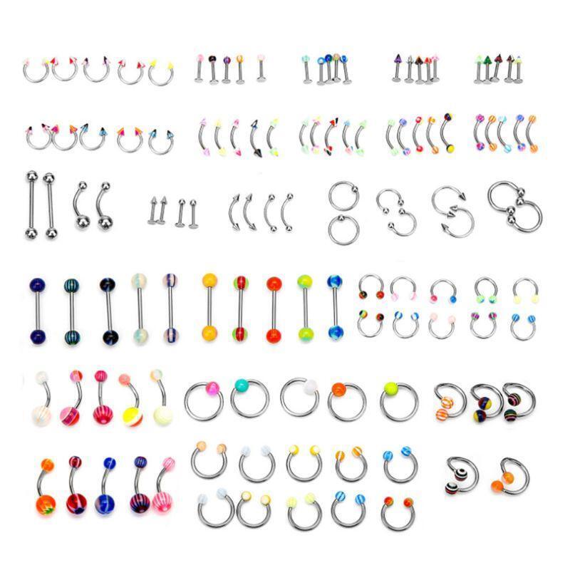 110 PCS Body Jewelry Piercing Eyebrow Navel Belly Tongue Lip Bar Ring