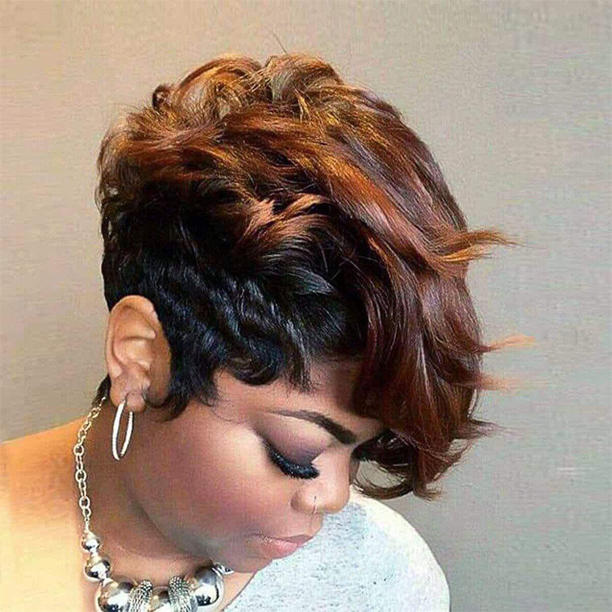 Short Black Wig with Mixed Brown Bangs Pixie Cut Wig Synthetic Hair for Women