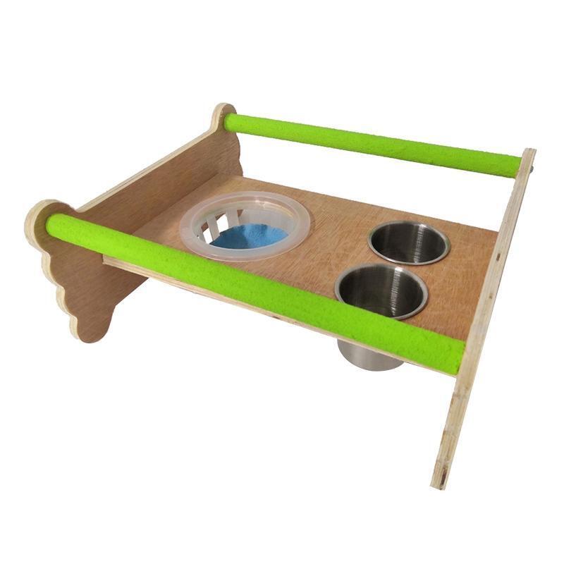 Bird Perch Table Stand Wood Playground with Feeding Cups for Parakeet Cockatiel