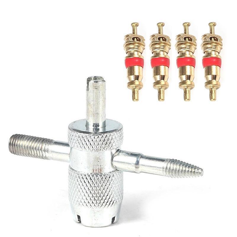 Car Bike 4 Way Tyre Valve Repair Standard Tire Remover Tool + 4 Stem Cores Kit
