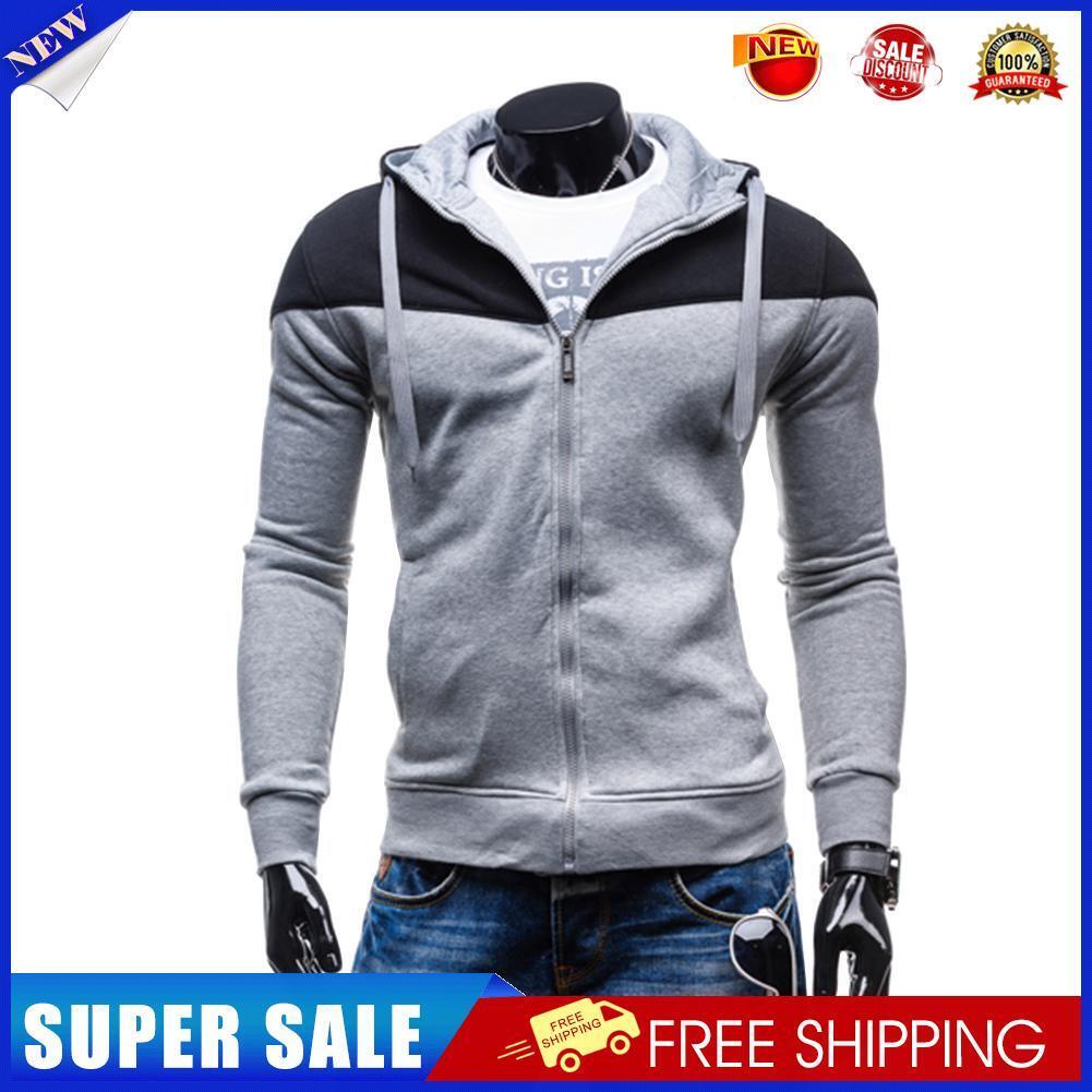 Men Spring Autumn Long-Sleeves Cardigan Hoodie Sweatershirt Coat (Grey 2XL)