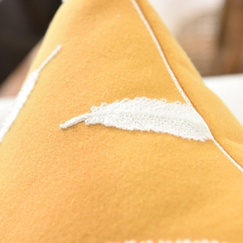 Nordic Yellow Cotton Linen Throw Pillow Case Tufted Embroidery White Feather Pat