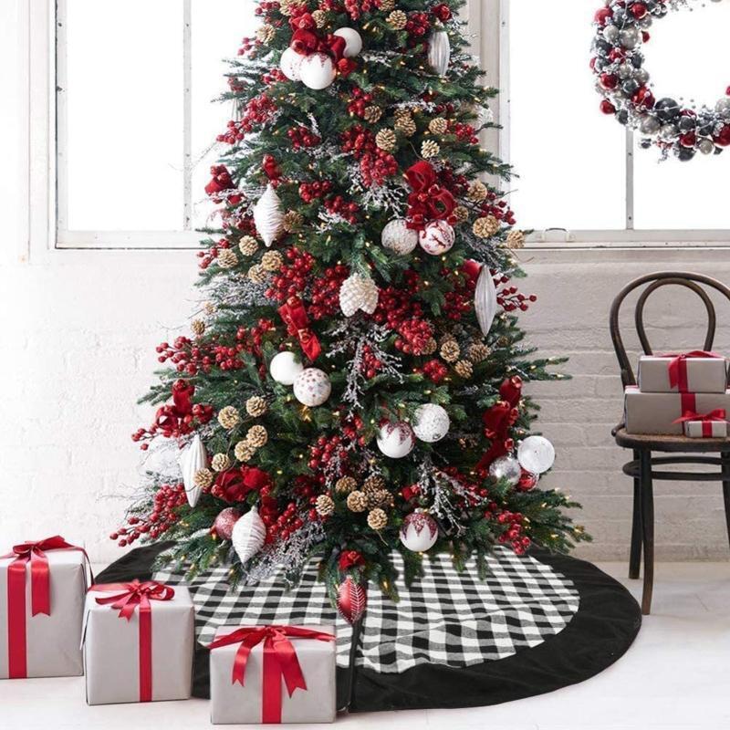 Christmas Tree Skirt Black & White Plaid Round Mat Xmas Tree Base Cover 47 Inch