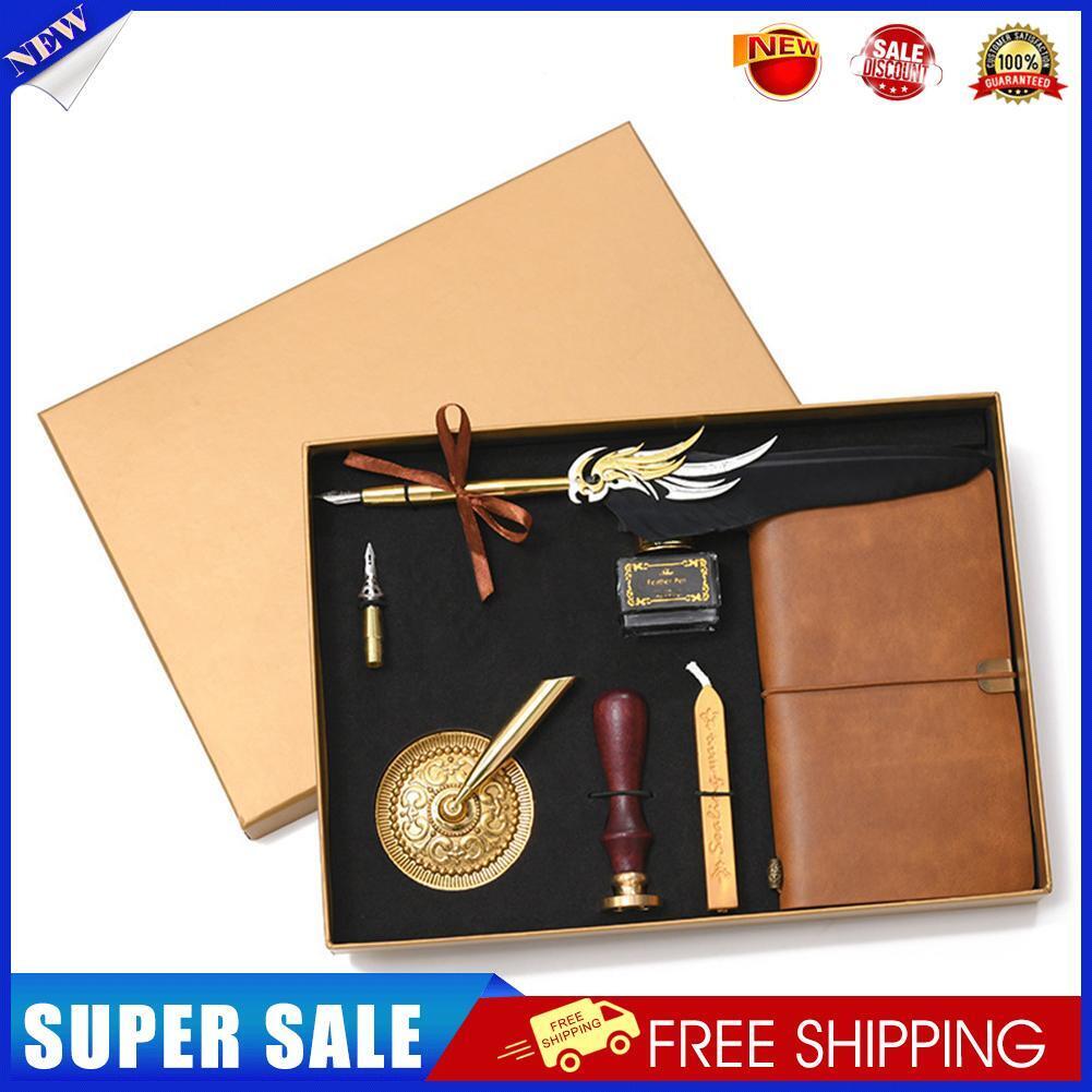 Notebook Ink Bottle Calligraphy Feather Dip Pen Set Stationery Box (Black)