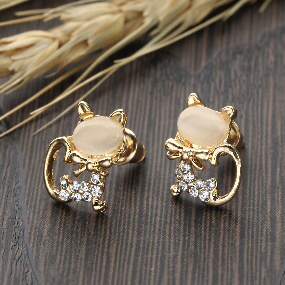 Cat Eye Stone Diamond Shiny Kitty Cute Small Animal Earrings (White)