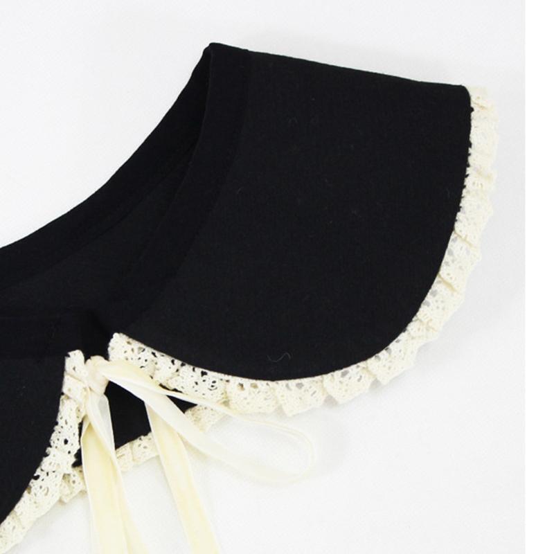 Women Faux Wool False Collar Shawl Sweet Ruffled Lace Trim Bow Scarf Neck Warmer