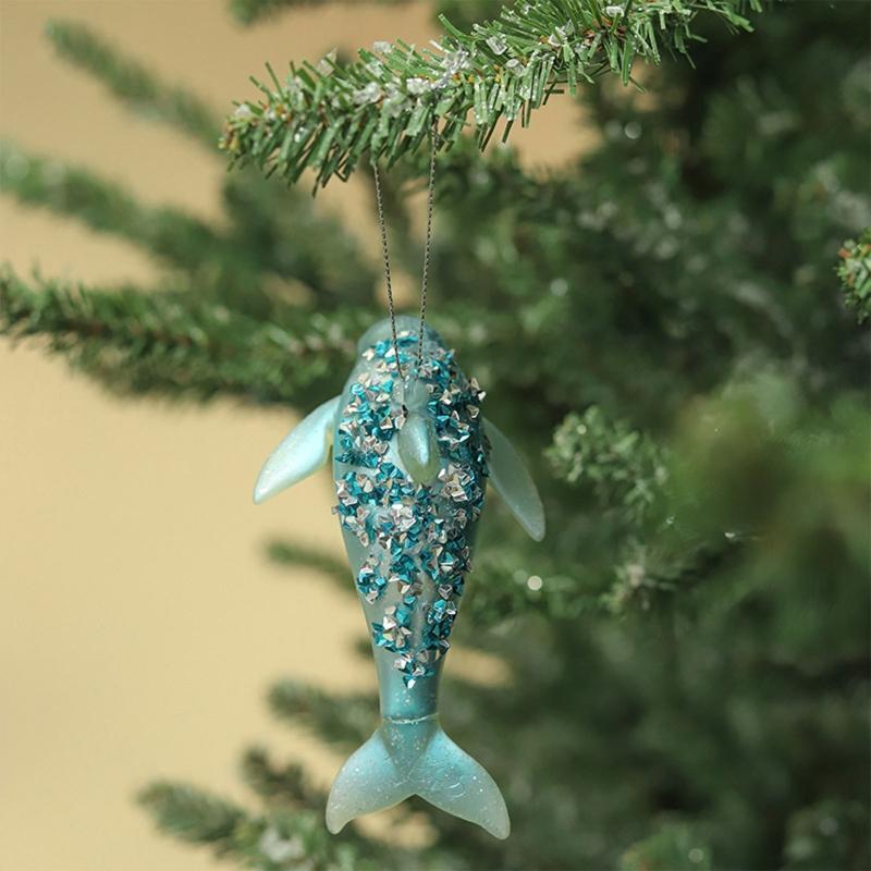 Christmas Tree Ornament Cute Glittered Glass Jeweled Dolphin Hanging Pendant
