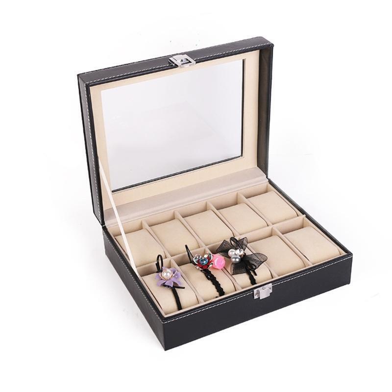 10 Grids Watch Box PU Leather Watches Display Case Jewelry Organizer with Lock