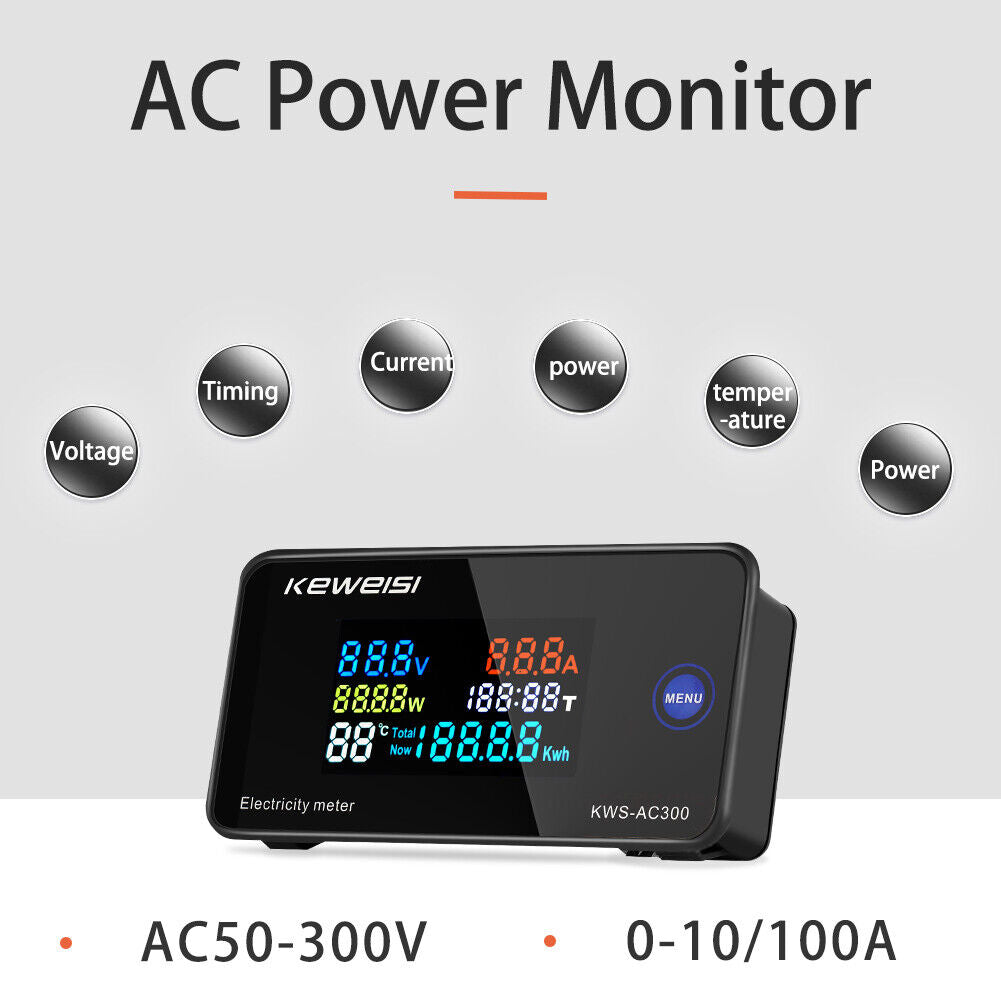 6 in 1 Color Display Digital Energy Meter Ammeter Voltmeter (KWS-AC300-20A)