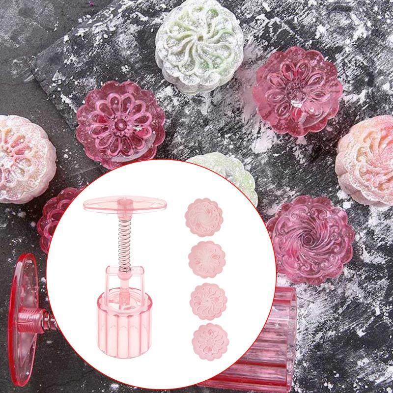 50g Snowy Moon Cake Mold 4 Stamps Barrel Mooncake Hand Pressure Biscuits Pastry