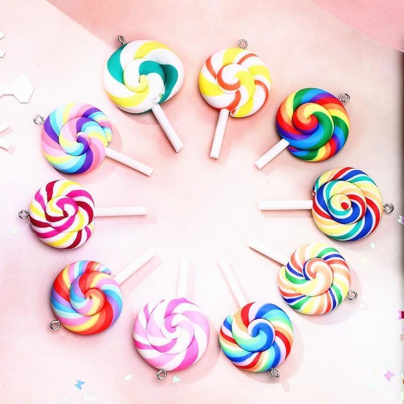 100Pcs Colorful Lollipops Pendant Charms Big Size Rainbow Swirl Lollipop Crafts