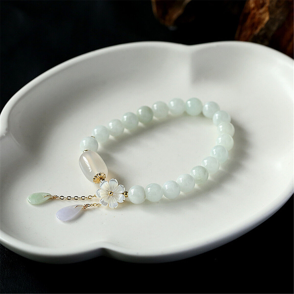 Natural Jade Agate Beads Water Drop Shell Flower Bracelet Bangle Women Jewelry