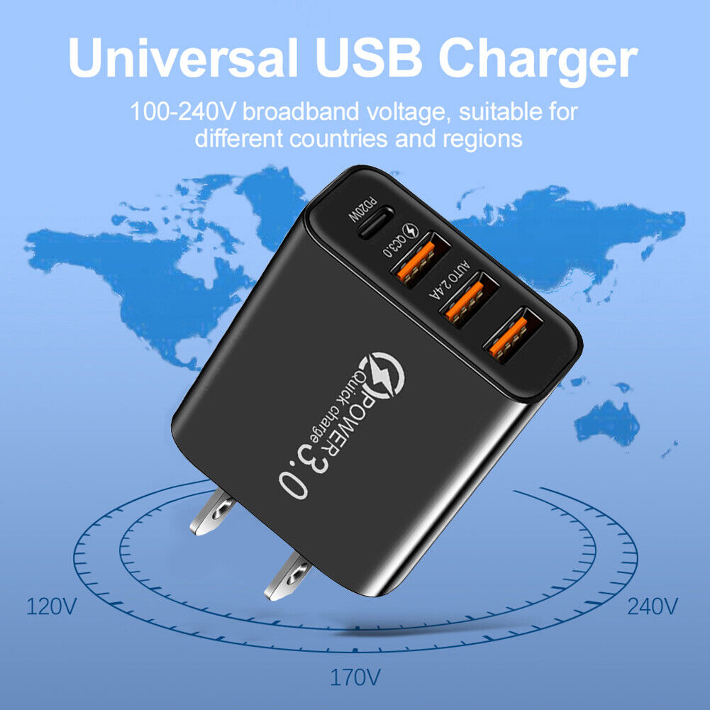 3USB+PD20W Type-C Phone Charger Smartphone Charging Adapter (US Plug Black)