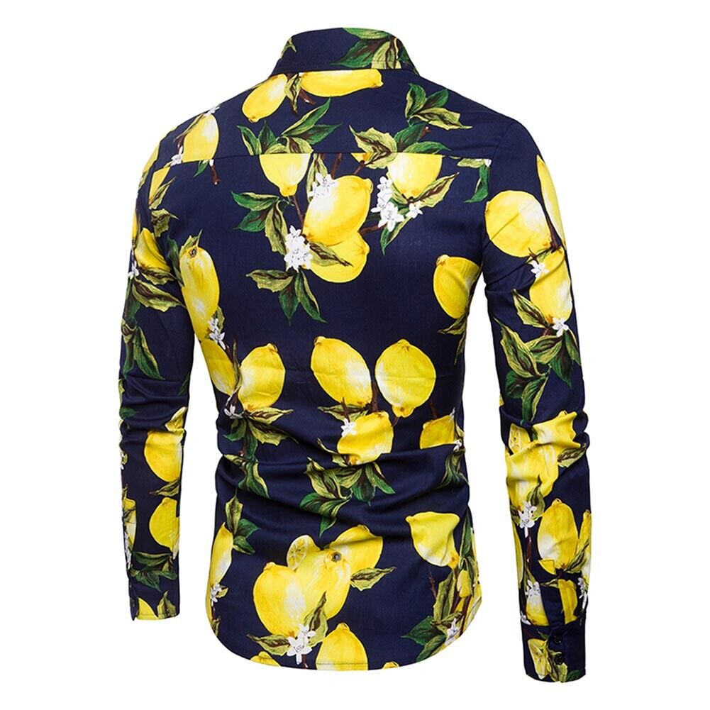 Men Long Sleeve Lemon Beach Fashion Turn Down Collar Shirt(Navy Blue 2XL)-2