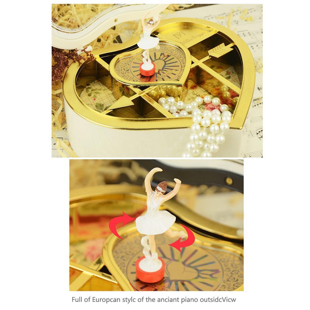 Romantic Love Heart Ballerina Music Box Jewelry Storage Case (White)