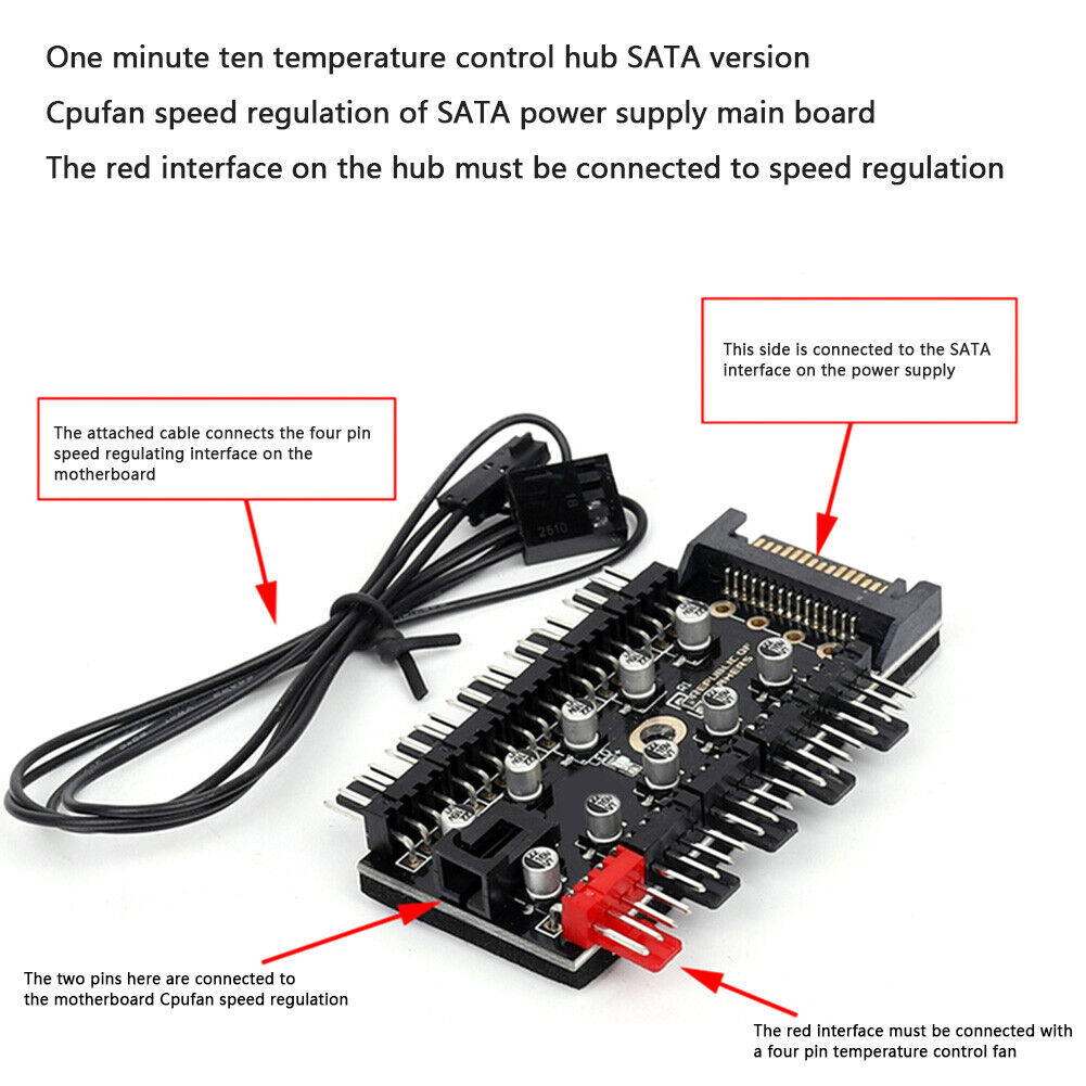 1 to 10 4Pin PWM Cooling Fans HUB PC SATA Port Power Speed Controller