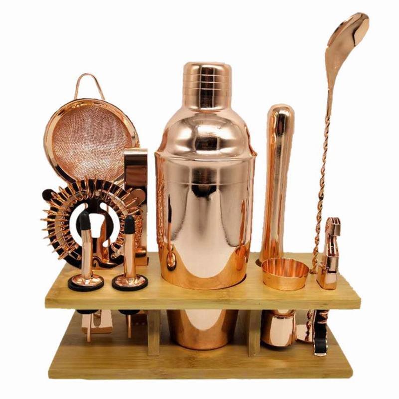 Stainless Steel Cocktail Shaker Set Barware Kit With Square Wooden Rack Tool