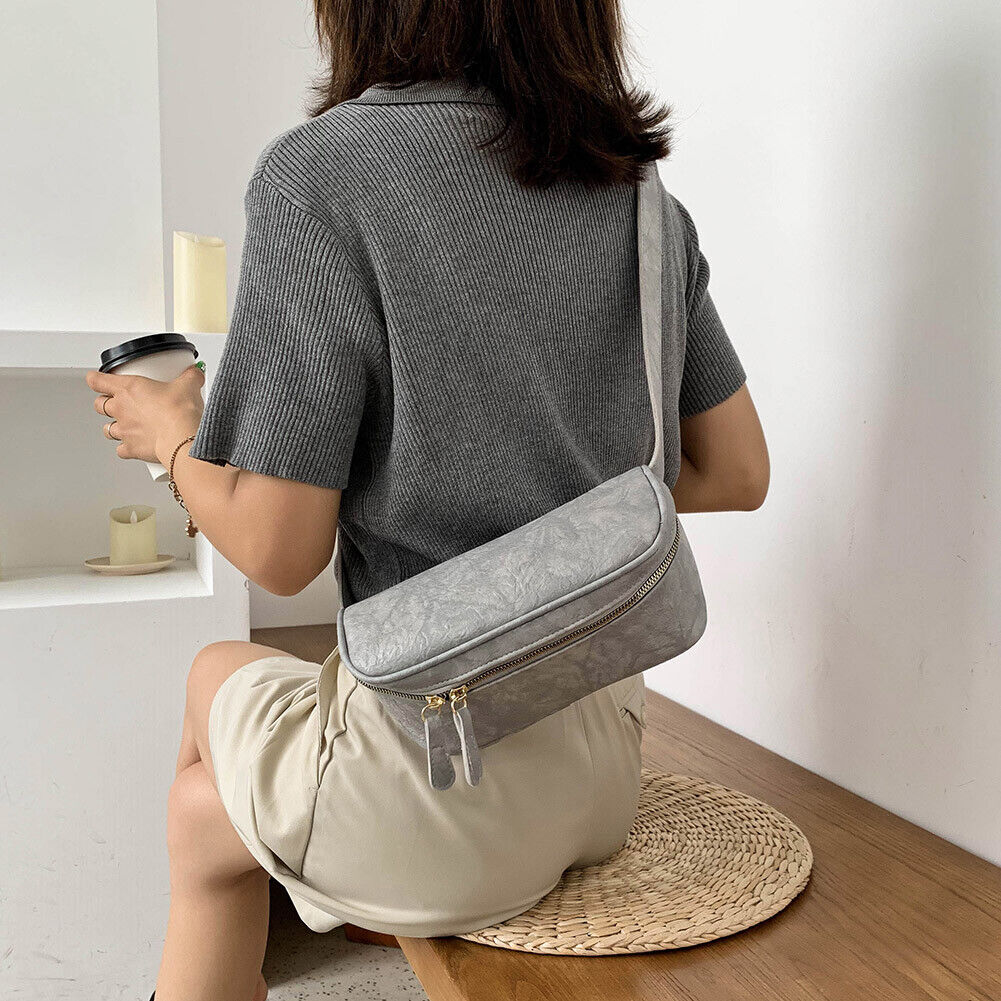 Fashion PU Shoulder Bag Women Solid Fanny Zip Chest Crossbody Pack (Grey)