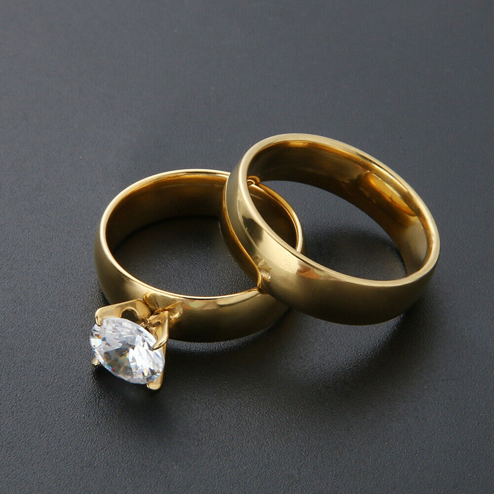 1 Pair Fashion Stainless Steel Rhinestone Lovers Couple Rings (Size 7)