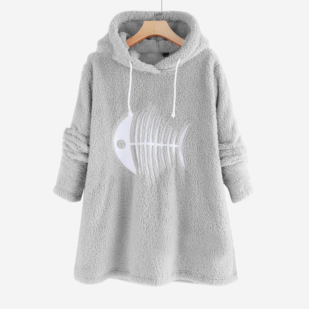 Women Solid Color Pullovers Plush Fishbone Long Sleeve Hoodies (Gray)(XL)