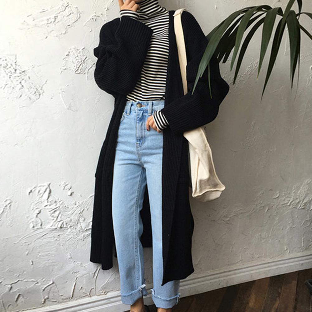 Women Long Sleeve Solid Knitted Autumn Winter Chic Sweater Coat (Black)