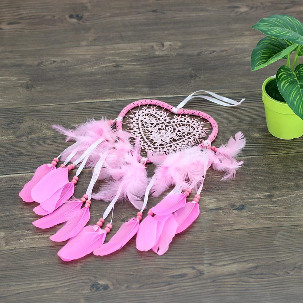 Pink Feathers Love Heart Dream Catcher Pure Handmade Wall Hanging Pendant