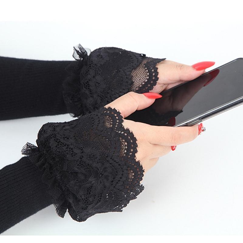 Women Double Layer Ruffles Lace Patchwork Arm Warmers Knitted Fingerless Gloves