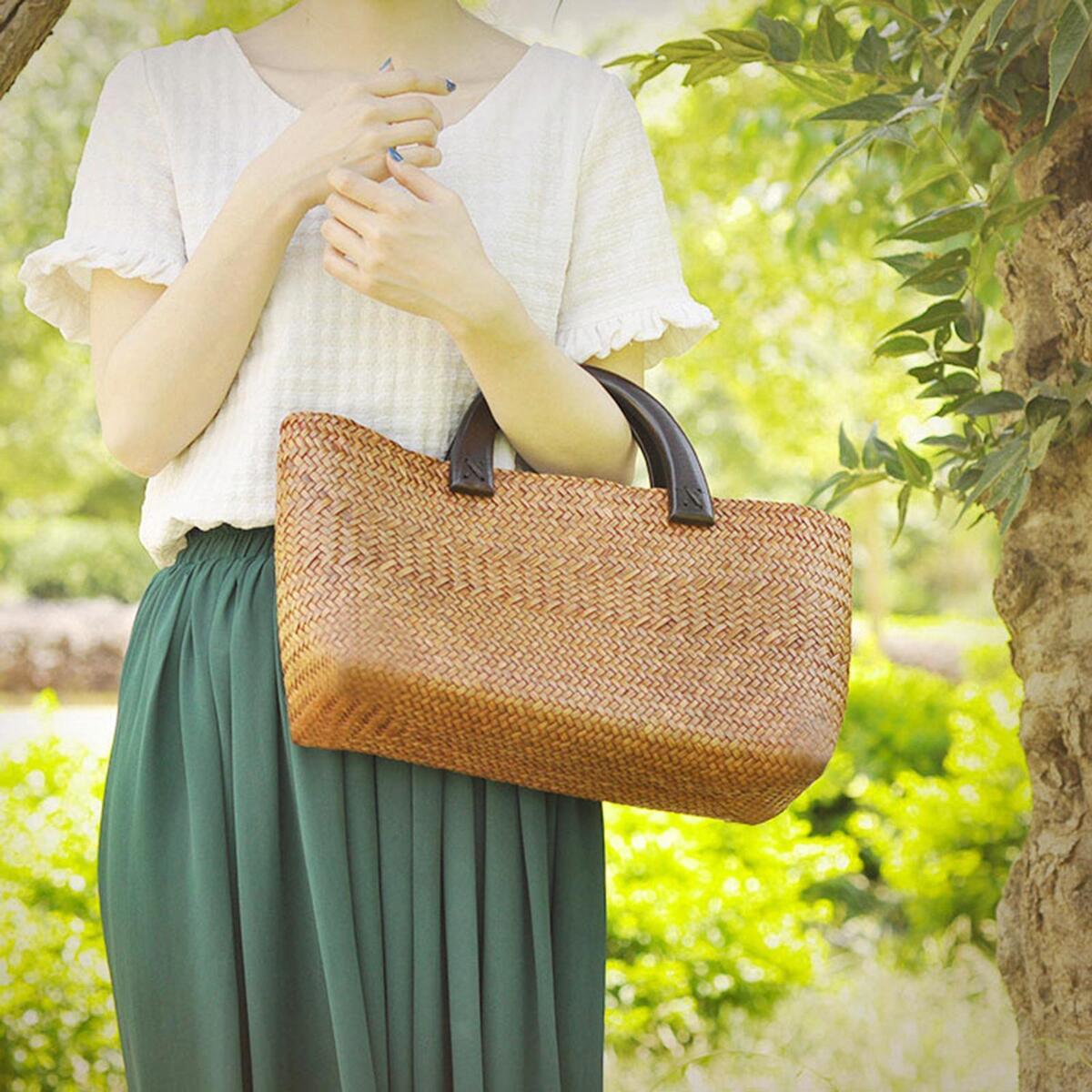 Women Straw Handbag Tote Bag Handwoven with Handles Rattan Birthday Gift