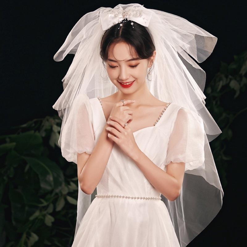 Wedding Bridal Veil Multi Layers Short Length Sheer Veils Beads Ribbon Bow Decor
