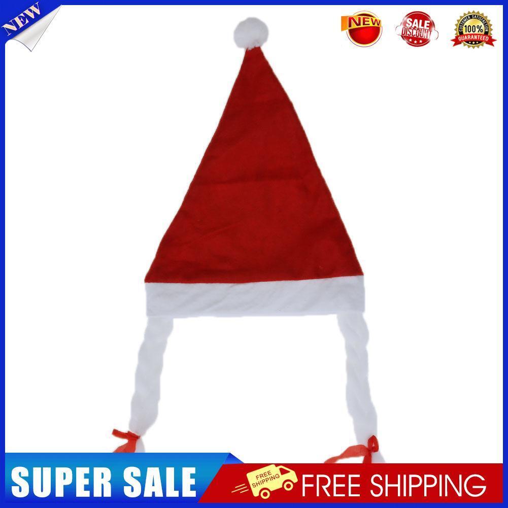 Cute White Rim Santa Christmas Hat Xmas Bonnet Decoration With Braids