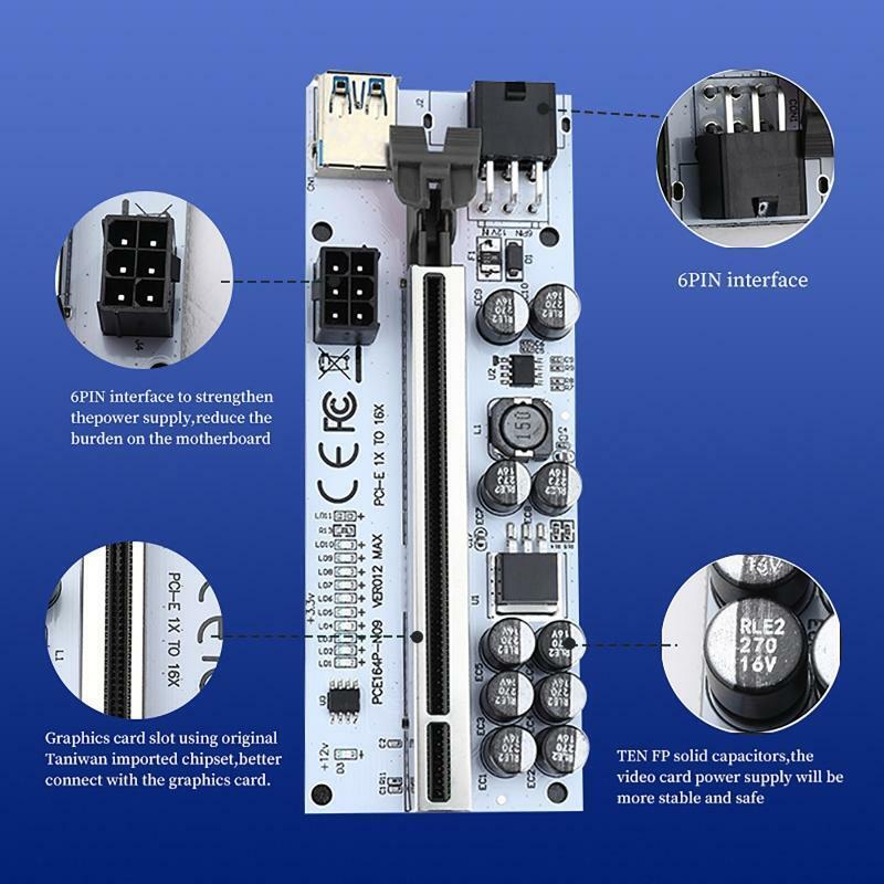6PCS PCI Express 1X 16X Extension Adapter USB3.0 PCI-E Riser 10 Capacitor 13xLED