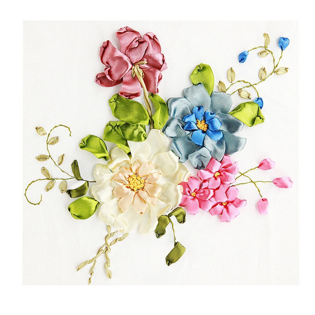 Set of 4 Ribbon Embroidery Kits DIY Flowers    Work