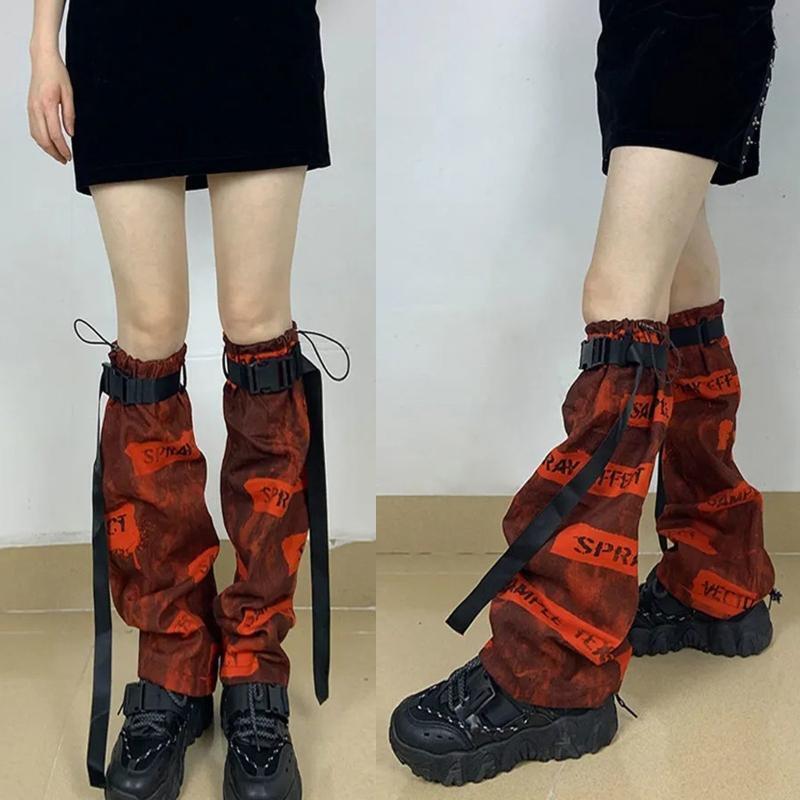 Women Punk Red Letters Leg Warmers with Buckle Belt Gothic Loose Foot Cover Sock