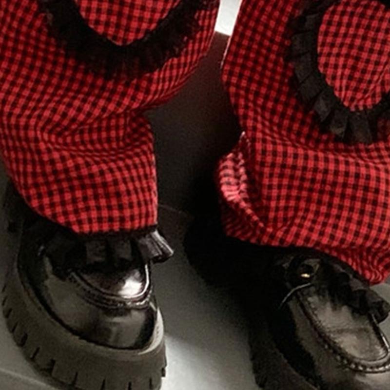 Women Goth Punk Plaid Leg Warmers with Belt Ruffle Lace Heart Foot Cover Socks
