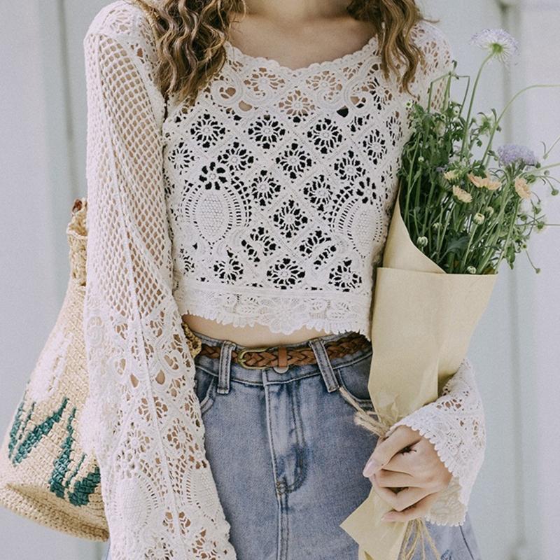 Women Hollow Crochet Cover Up Shirt Knit Plaid Floral Beach Loose Sheer Crop Top