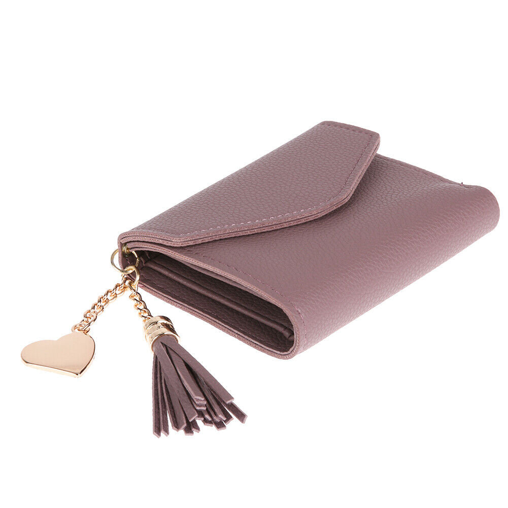 Women PU Leather Short Folding Wallet Tassel Card Coin Purse(Bean Red)