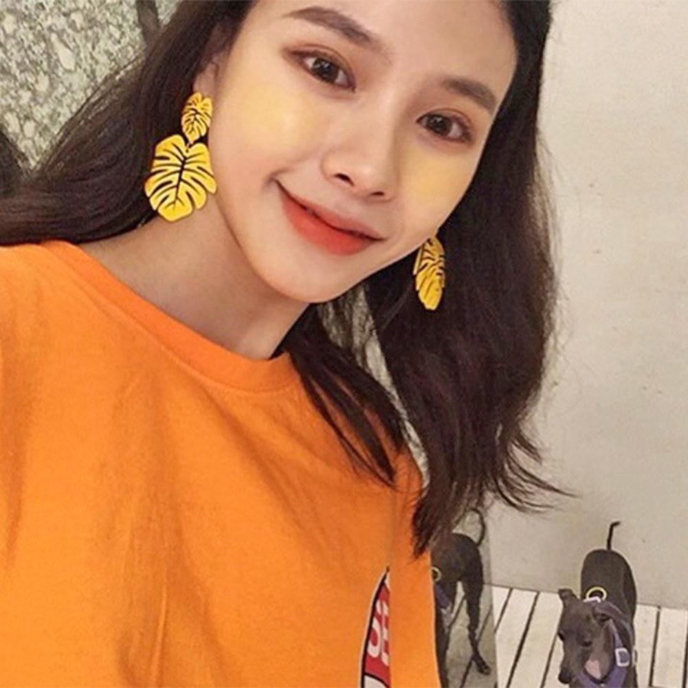 Hollowed Leaf Dangle Ear Stud Elegant Women Drop Earrings Jewelry (Yellow)