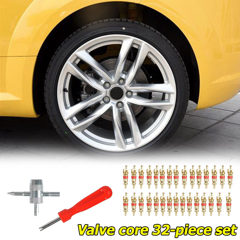 30pcs Brass Valve Cores with Car Bike Tire Valve Core Remover + 4 Way Tool