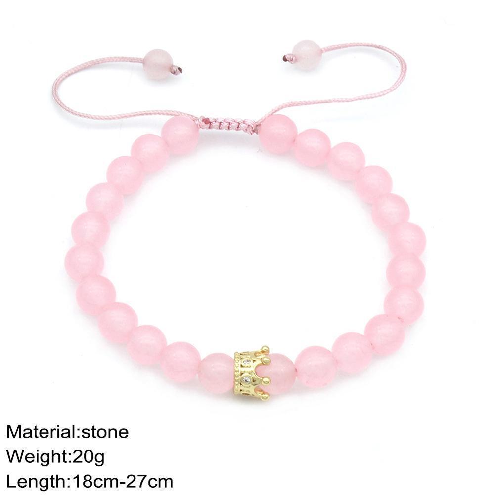 Fashion Women Zircon Crown Pink Stone Strand Bracelet Beads Bangle Jewelry
